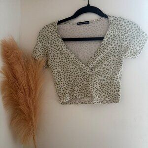 Brandy Melville Green and White Cheetah Print Crop-top